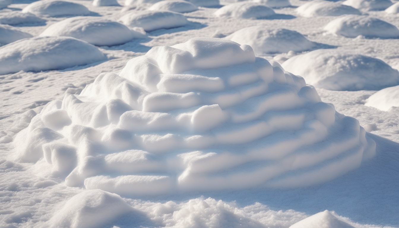 濃紺の背景にアイスブルーの柔らかなかたちが重なる抽象グラフィック。雪に蓄えられた冷熱エネルギーの活用を表すイメージ